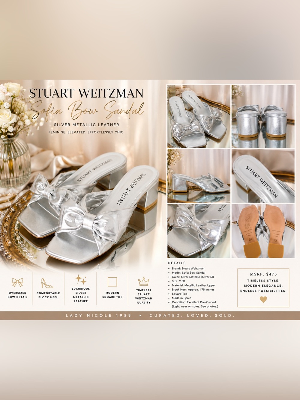Stuart Weitzman Sofia Bow Sandal Silver Metallic Heels 9.5 $475 MSRP